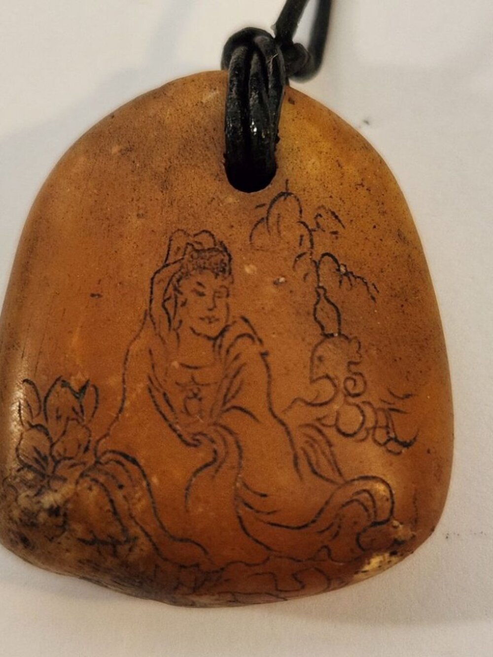 Early 1900s Antique Chinese Stone Amulet Pendant With Leather Neck Strap